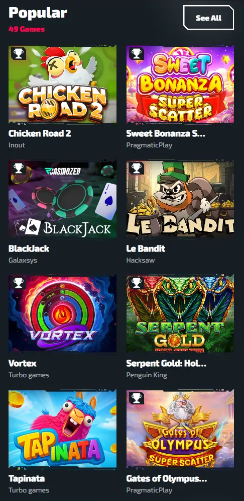 Mobile Dark interface, popular games and bonuses on the go